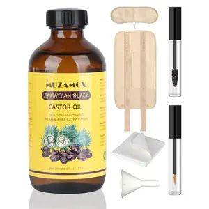 MUZAMOX 6-in-1 Jamaican Black Castor Oil Pack Kit with 8oz Organic Cold Pressed Oil & Organic Cotton Wraps for Hydrating Body Care, Eyelashes & Brows, Amber, Body Oils